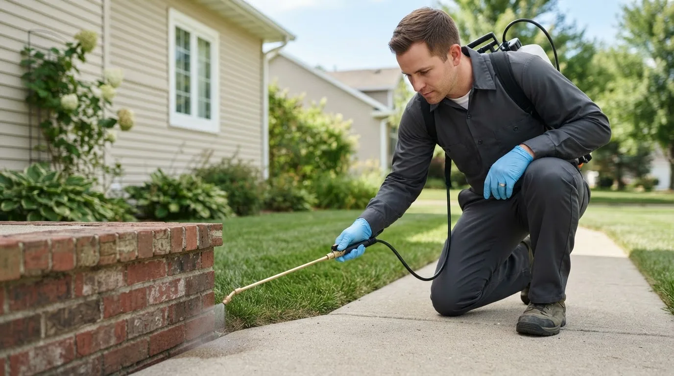 Pest control technician treating a home near Portland, PA